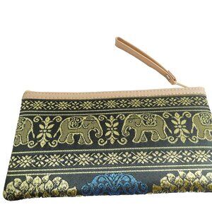 Black Blue & Gold Coin Purse Makeup Bag Pouch Thailand Elephants NWOT